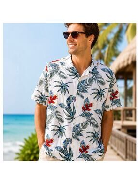 Newport Isle Hawaiian Camp Shirt Mens L White Tropical Floral Rayon Button Up